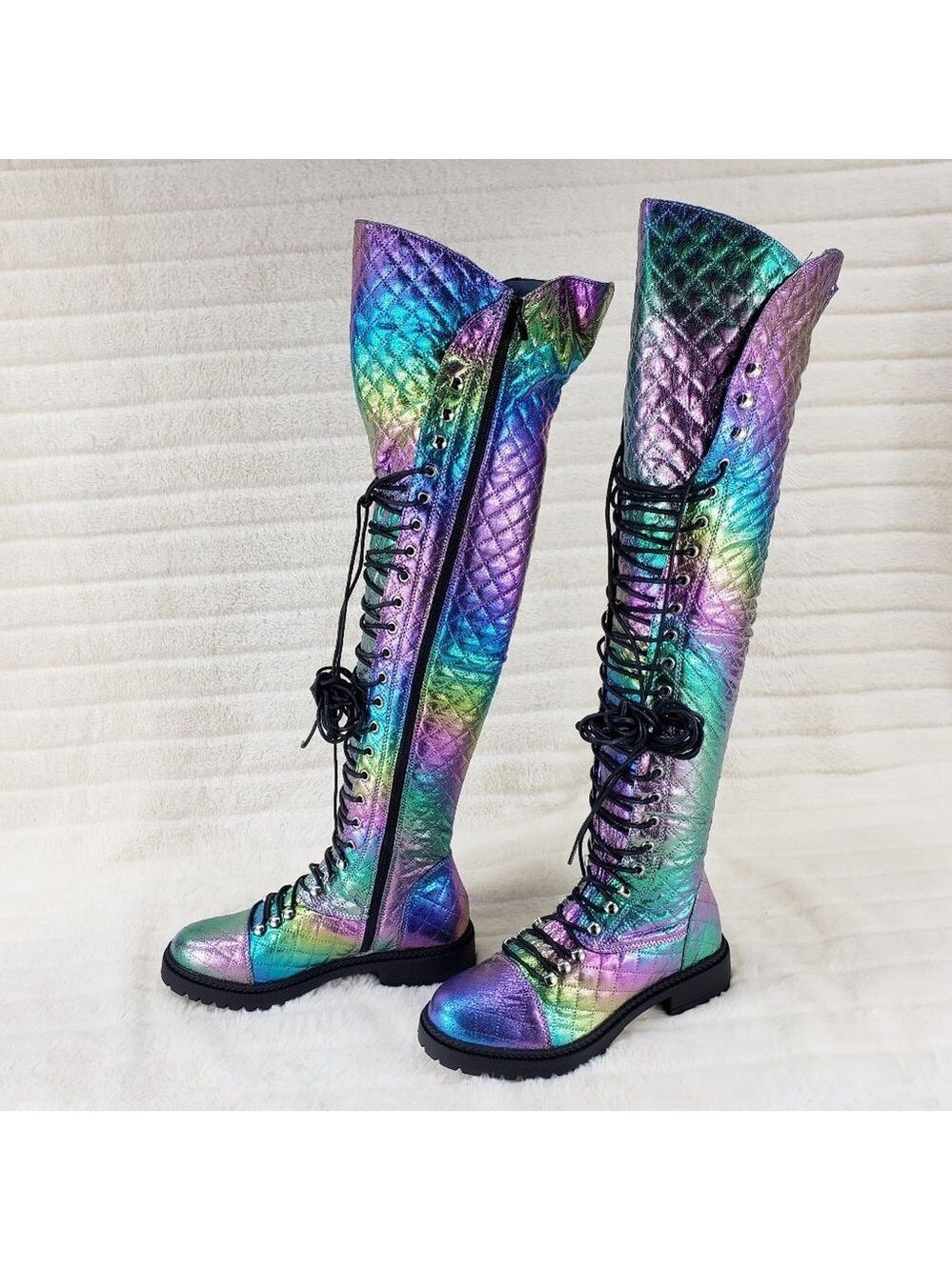 Travis Festive Quilted Metallic Rainbow Corset Lace Over the Knee Boots - Picture 4 of 11